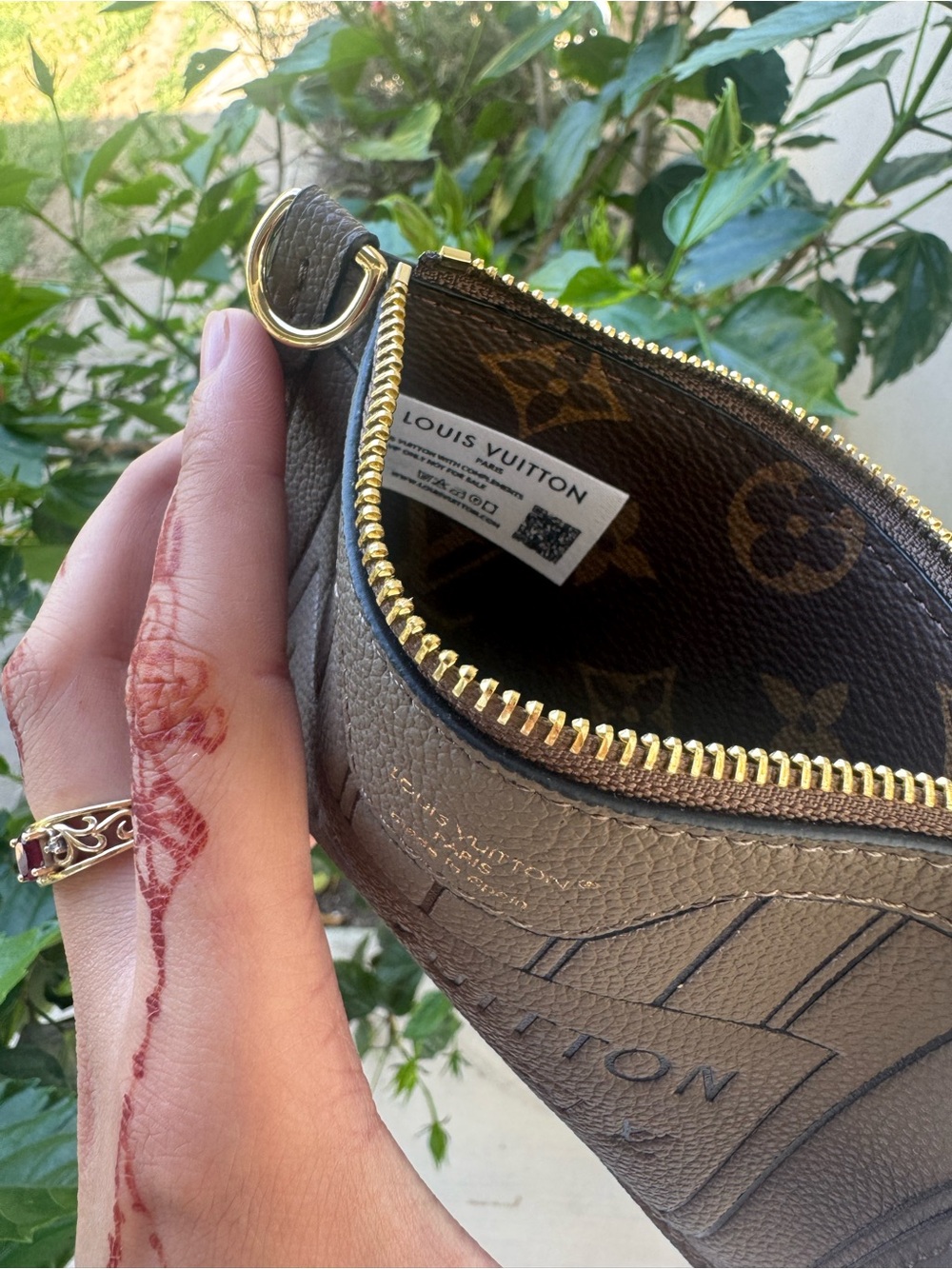 Reversible Two-Tone Brown and Taupe Heart-Accent Tote with Monogram Pouch - Picture 4 of 5